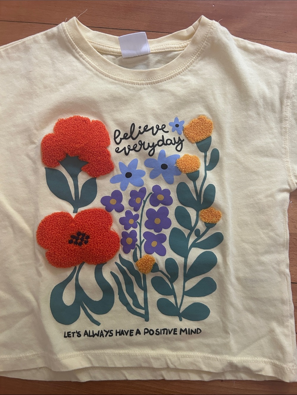 Zara Cream Floral Puff-Detail Tee with Purple & Orange Accents